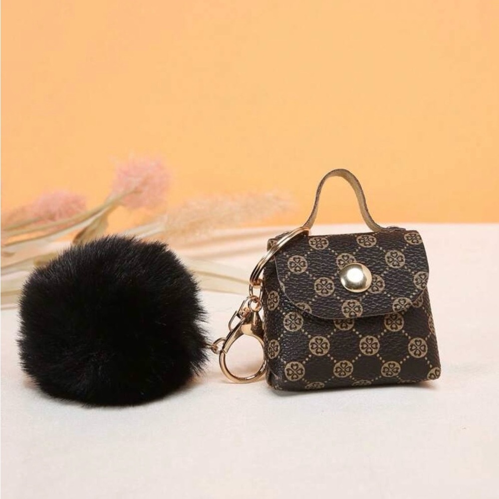 Monogram Bag Charm Pendant Keychain with Pom-Pom. New in Packaging!